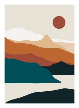 Dağ manzarası posteri. Minimalist doğa geçmişi, soyut çağdaş tepeler, ay, güneş. Baskı için vektör duvar sanatı