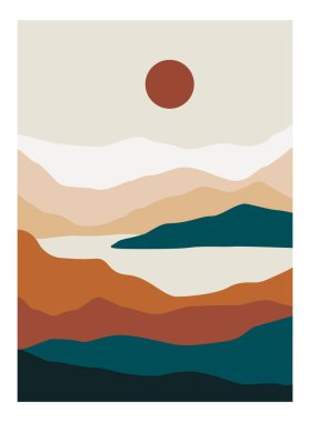 Soyut dağ manzarası posteri. Minimalist çağdaş arka plan güneş ayı, basım için duvar sanatı. Vektör illüstrasyonu
