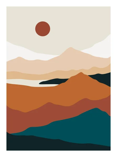 Plakat zur Berglandschaft. Minimalistische zeitgenössische Hintergrundsonne, abstrakte Wandkunst für den Druck. Vektorillustration — Stockvektor