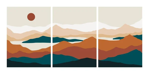 Abstrakte Landschaftscollage. Minimalistische Poster Berge See Meer Mond Sonne, zeitgenössische Vektor Wandkunst Design für Druck — Stockvektor