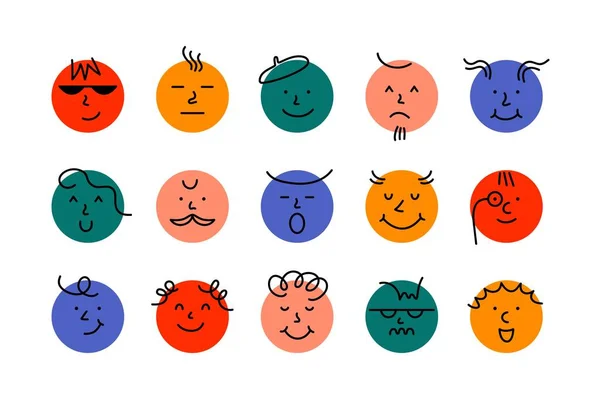 Facce comiche rotonde. Personaggi astratti sorridenti, avatar emoji dei cartoni animati, elementi emoticon comici scarabocchi. Set vettore divertente — Vettoriale Stock