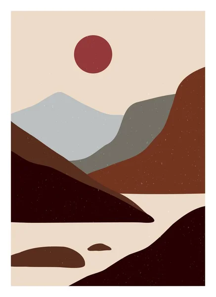 Minimalistisch abstrakte Berglandschaft. Modernes zeitgenössisches handgezeichnetes Boho-Naturkulissen-Poster. Vektorillustration — Stockvektor