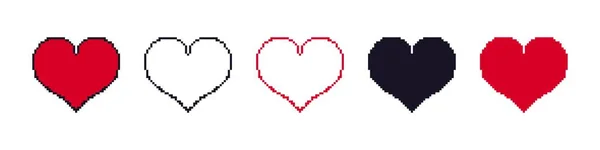 Pikselowe ikony serca. Zestaw retro 8-bitowych ikon, elementy gier komputerowych lat 90-tych przyciski internetowe, symbole miłości. Ilustracja wektora — Wektor stockowy