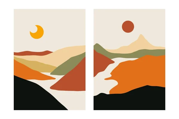 Abstrakte Landschaft minimalistische Plakate. Natur zeitgenössische Bergtapeten, handgezeichnete Hintergründe. Vektorillustration — Stockvektor