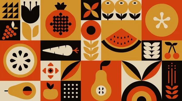 Motif géométrique des fruits et légumes biologiques. Contexte alimentaire naturel style bauhaus suisse simple, conception vectorielle de l'agriculture — Image vectorielle