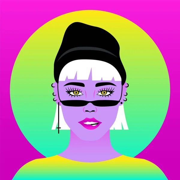 Frauenporträt. Flaches Cartoon-Gesicht, handgezeichneter Avatar des trendigen Hipster-Mädchens, moderner Charakter. Vektorillustration — Stockvektor