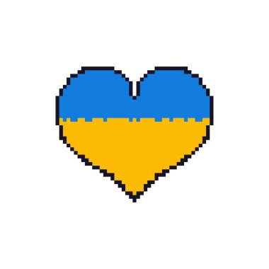 Piksel kalp mavi sarı renkler. Ukrayna bayrağı kalp şeklinde, Ukrayna 'yı destekliyor, modaya uygun geçmişe dönük tasarım. Vektör illüstrasyonu