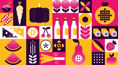 Geometrik gıda mozaik arka planı. Doğal yeşil organik sebze desenli İsviçre usulü Bauhaus. Vektör illüstrasyonu