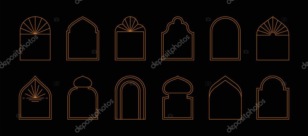 Boho minimal arch frames. Bohemian contemporary borders, esoteric gold line logo celestial concept. Vector illustration.