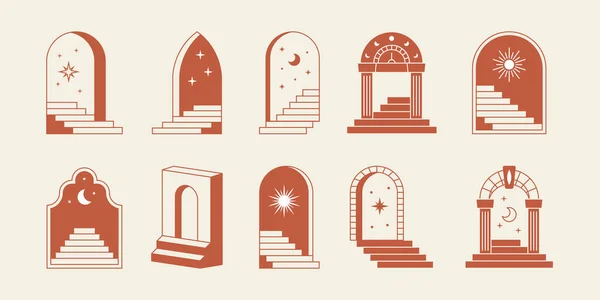 Minimal surreal doors stairs. Boho line arch, staircase, mystic frames, abstract geometric art. Vector illustration — Stock Vector
