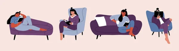 女性は本を読む 漫画の手描きの文字 文学ファンとソファの椅子の女の子 ベクトルセット — ストックベクタ