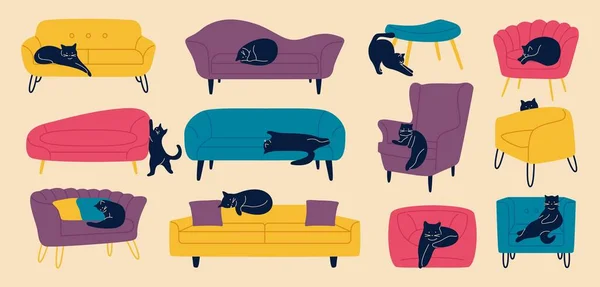 Chats Sur Canapés Chaises Animaux Compagnie Drôles Bande Dessinée Sur — Image vectorielle