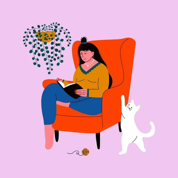 女性の読書本 本とソファの上の女の子 猫の植物 漫画の手を引く文字 文学ファン ベクターイラスト — ストックベクタ