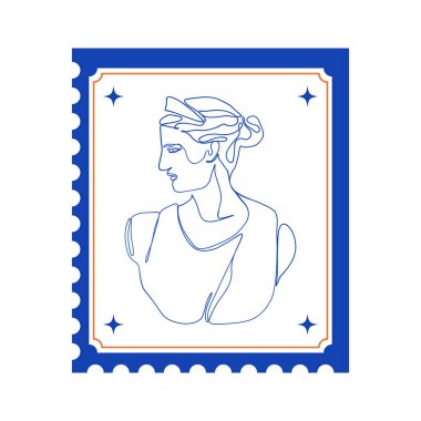 Greek ancient goddess stamp. Postage frame sticker greece mythology line art, vintage statue sketch. Vector graphic.