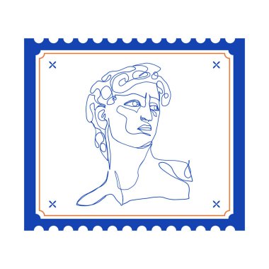 Greek ancient David stamp. Postage frame sticker greece mythology line art, vintage statue sketch. Vector illustration.
