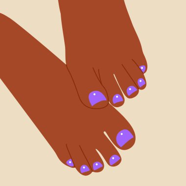 Woman pedicure design. Cute female feet fingers colorful polished nails, leg treatment concept. Vector illustration.