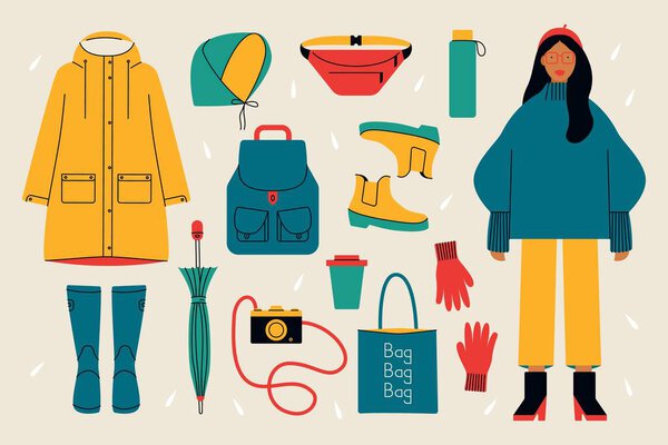 Autumn everyday carry stuff. Fall season wardrobe, warm winter rainy weather clothes shoes supplies. Vector cartoon set.