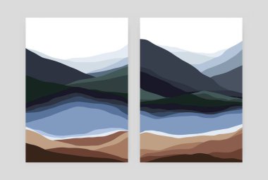 Dağ manzarası posterleri. Geometrik minimal çağdaş İskandinav rock gölü arka plan sanatı. Vektör soyut kümesi.