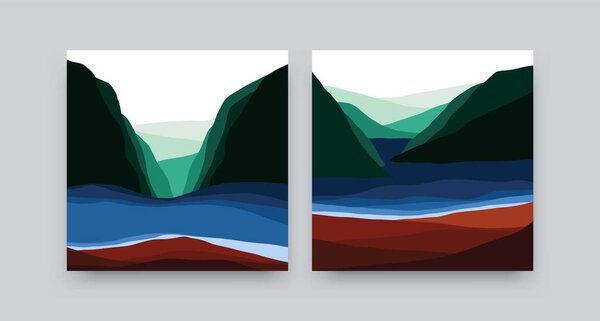 Mountain landscape square posters. Abstract contemporary nature background minimal scenery art print design. Vector set.