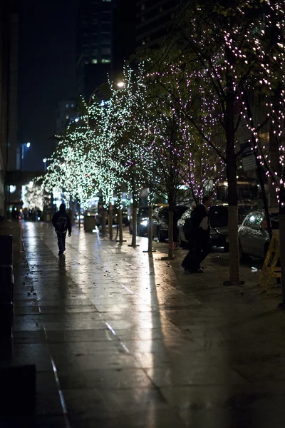 Electric lights on trees in new york city at night — Stock Photo, Image