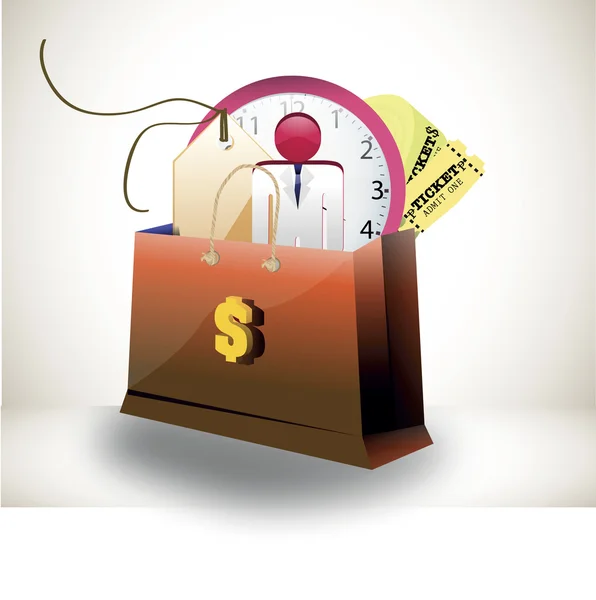 Shopping bag with person price tag clock and tickets — Stock Photo, Image