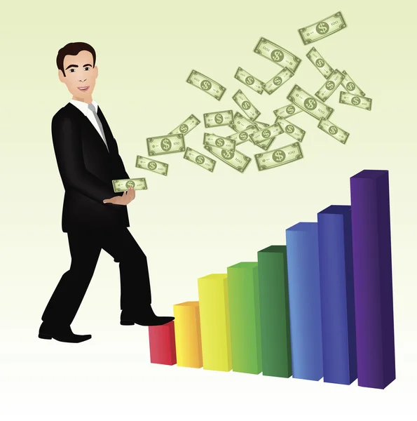 Man with money climbing on bar graph — Stock Photo, Image