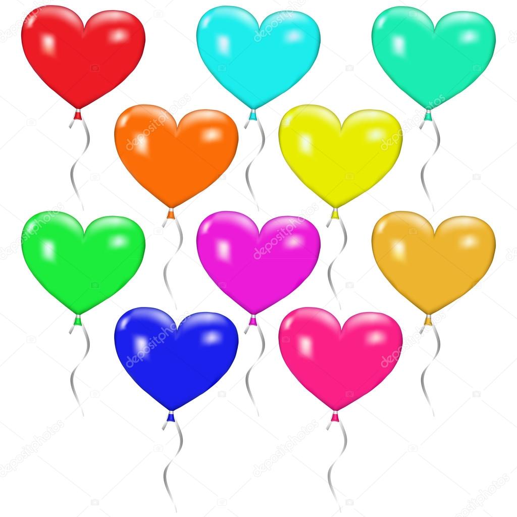Dieci palloncini multicolore a forma di cuore con nastri — Vettoriali di 31moonlight31