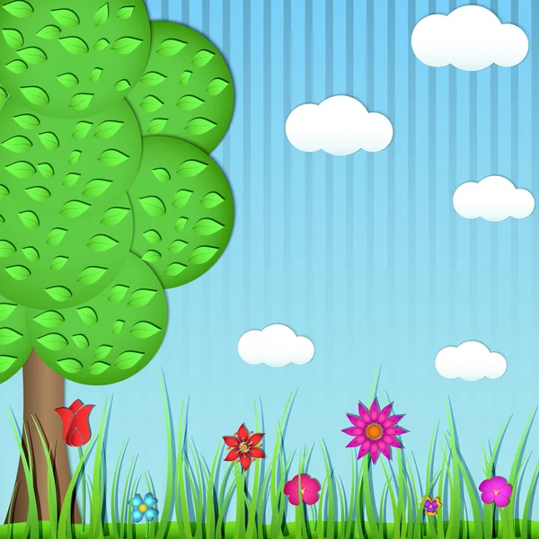 Papier boom, gras en bloemen op een blauwe achtergrond — Stockvector