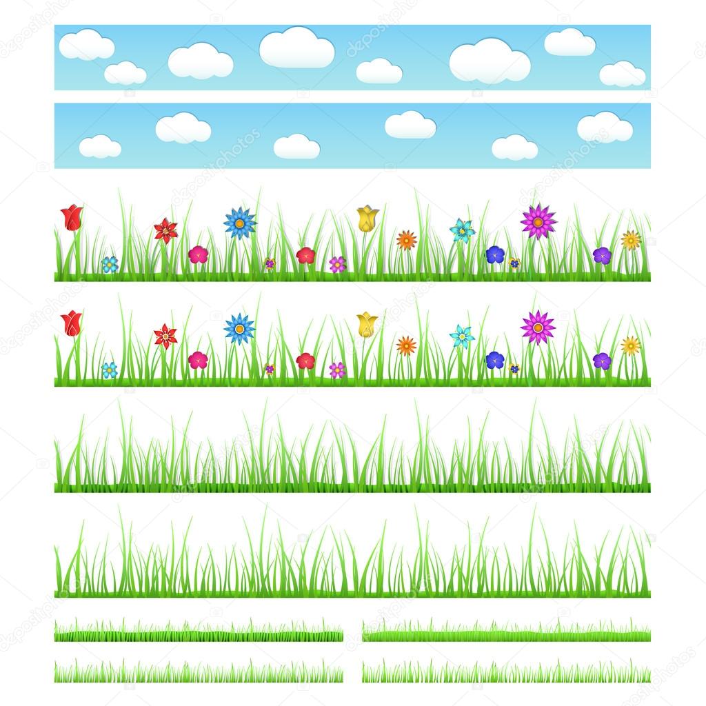 Set of seamless grass with flowers and without