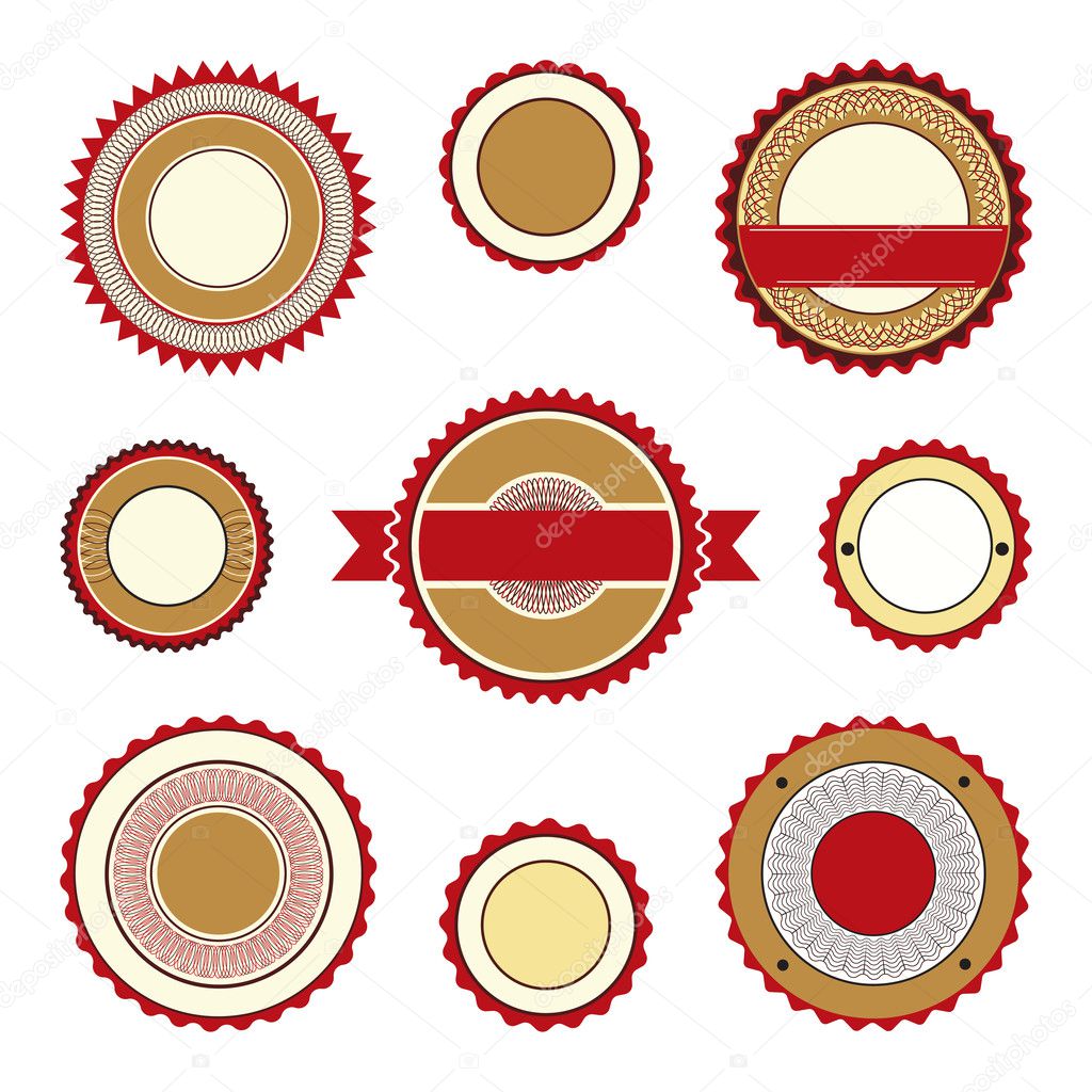 Set of empty labels, badges and stickers with guilloche elements. In brown and burgundy colors.