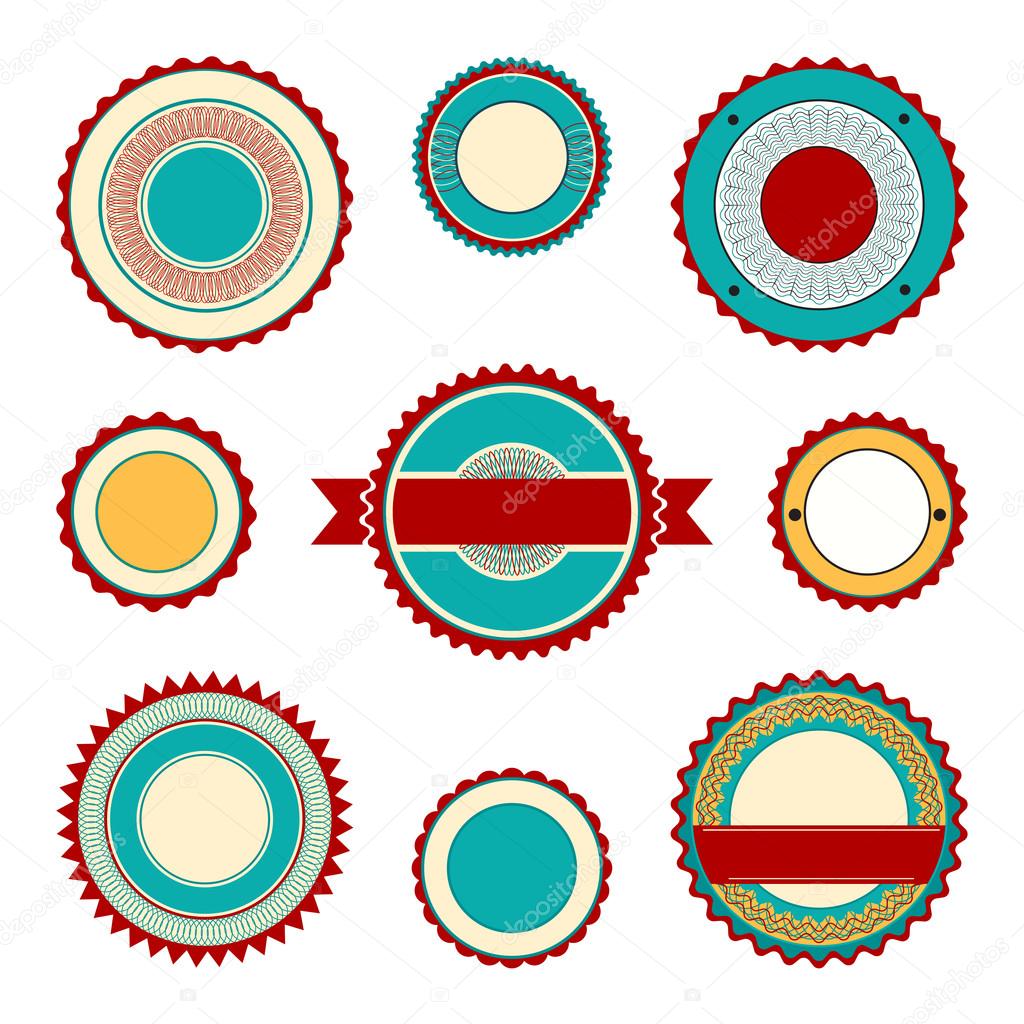 Set of empty labels, badges and stickers with guilloche elements. In maroon and turquoise colors.