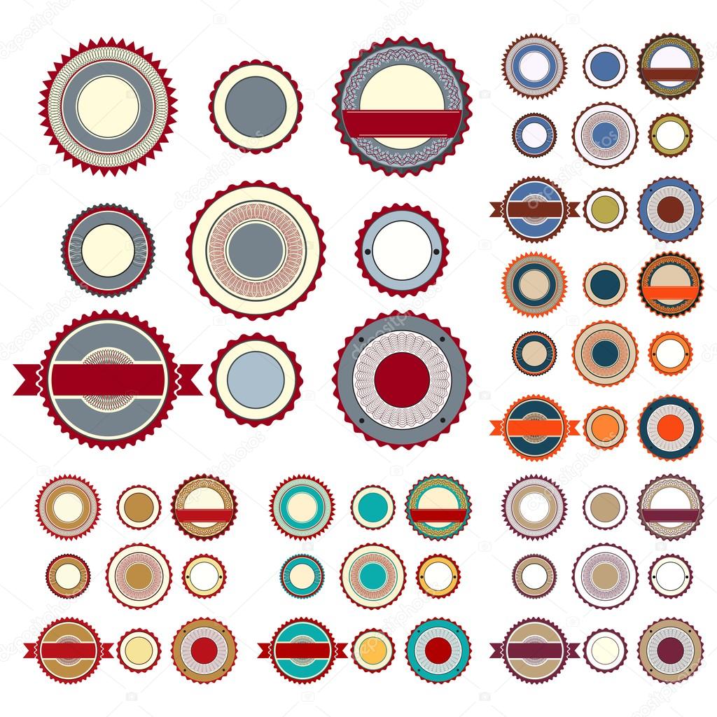 Set of sale labels, badges and stickers with guilloche elements in various colors.