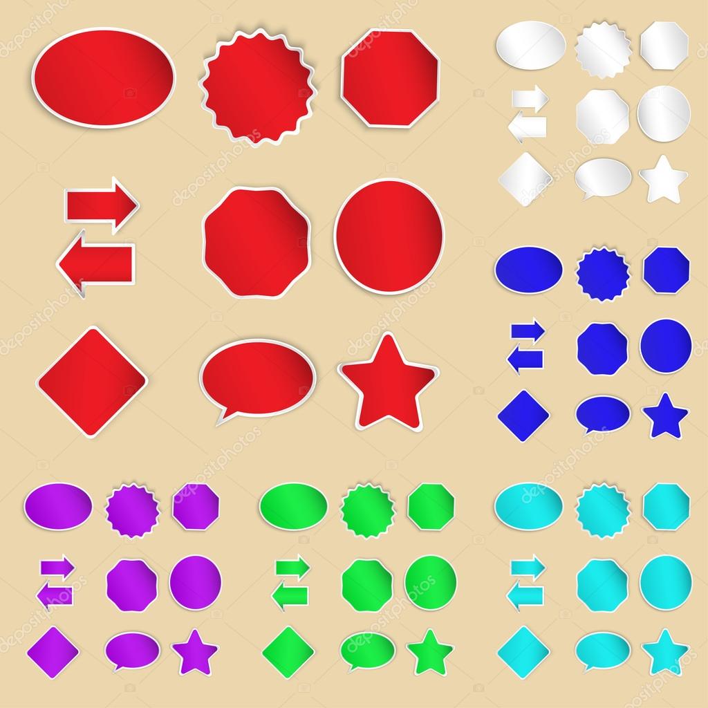 Set of paper labels and stickers in different shapes and colors, without text.