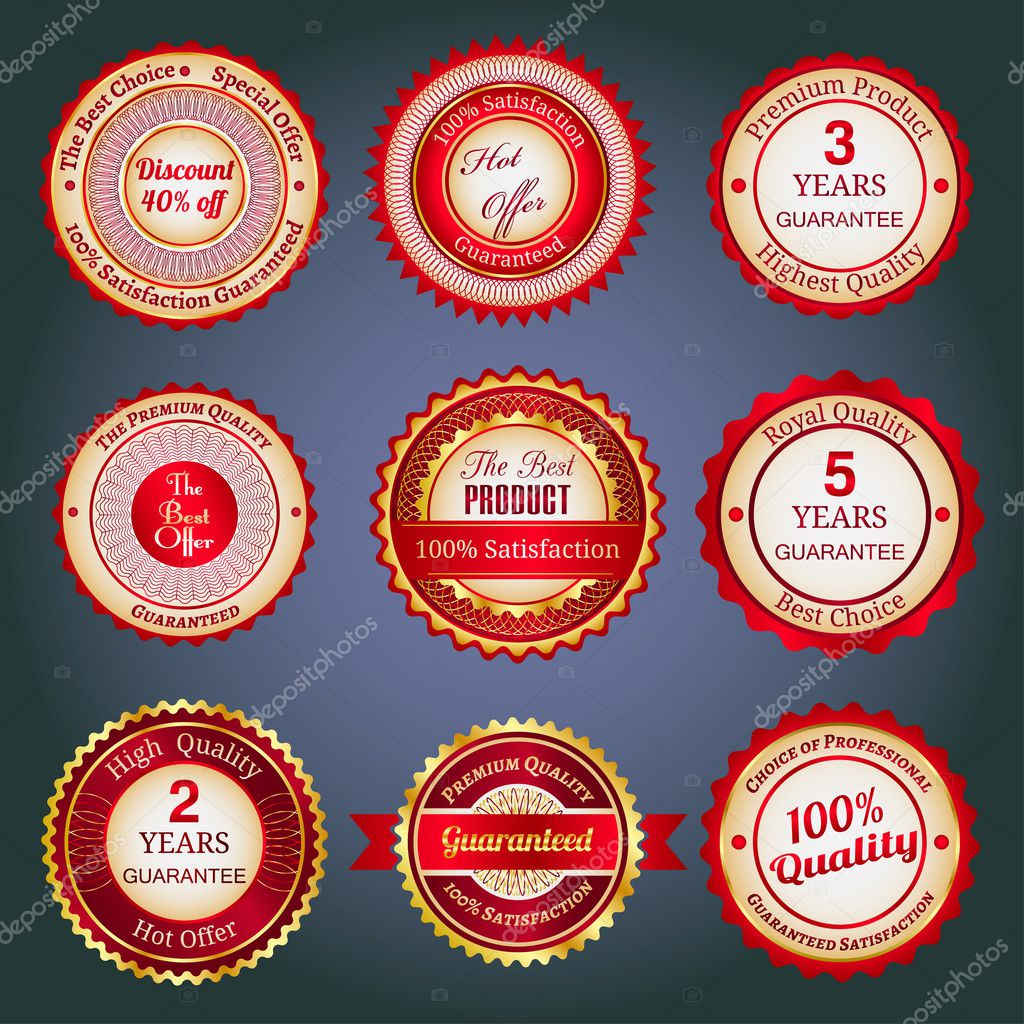 Badges, labels and stickers with various inscriptions on retail. Designed in red colors.