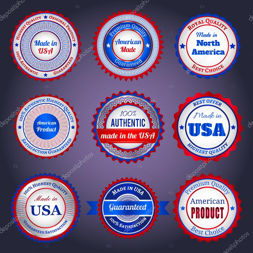 Set of trade labels and stickers on Made in the USA, in blue and red colors
