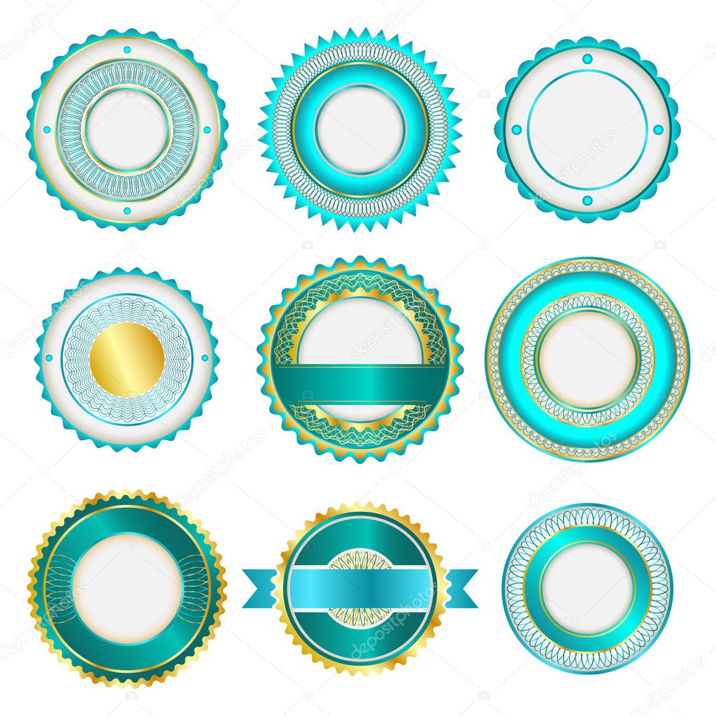 Set of badges, labels and stickers without text. In turquoise color.
