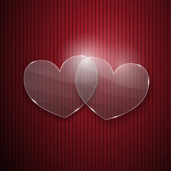 Dos corazones de vidrio sobre fondo rayado rojo — Archivo Imágenes Vectoriales