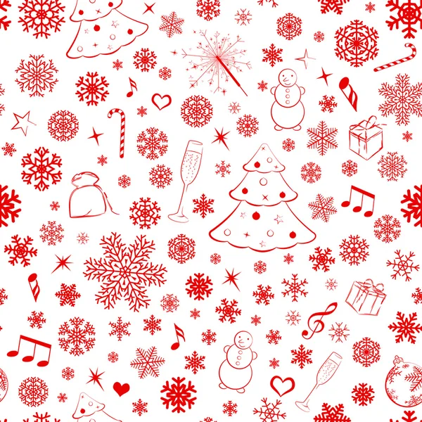 Nahtloses Muster mit Schneeflocken und Weihnachtssymbolen — Stockvektor