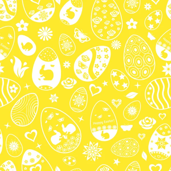 Бесшовный рисунок пасхальных яиц, белый на желтом — стоковый вектор