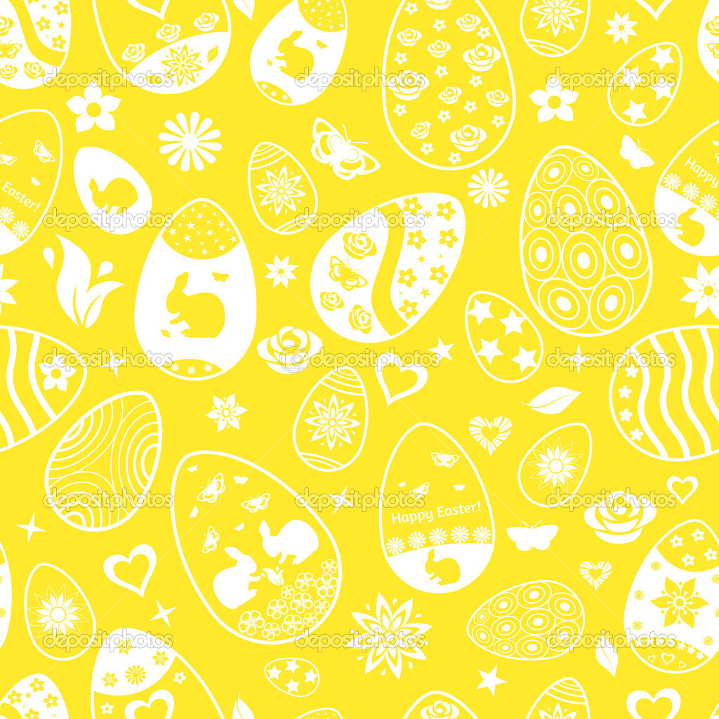 Seamless pattern of Easter eggs, white on yellow
