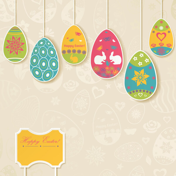 Easter background with eggs hanging on the ropes