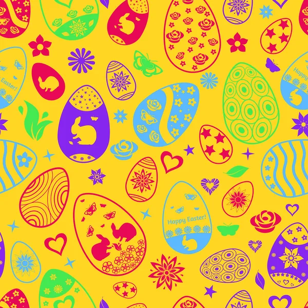 Modello senza cuciture di uova di Pasqua, multicolore su giallo — Vettoriale Stock