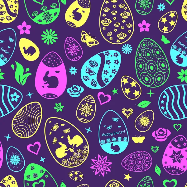 Seamless pattern of Easter eggs, multicolored on black — Stock Vector