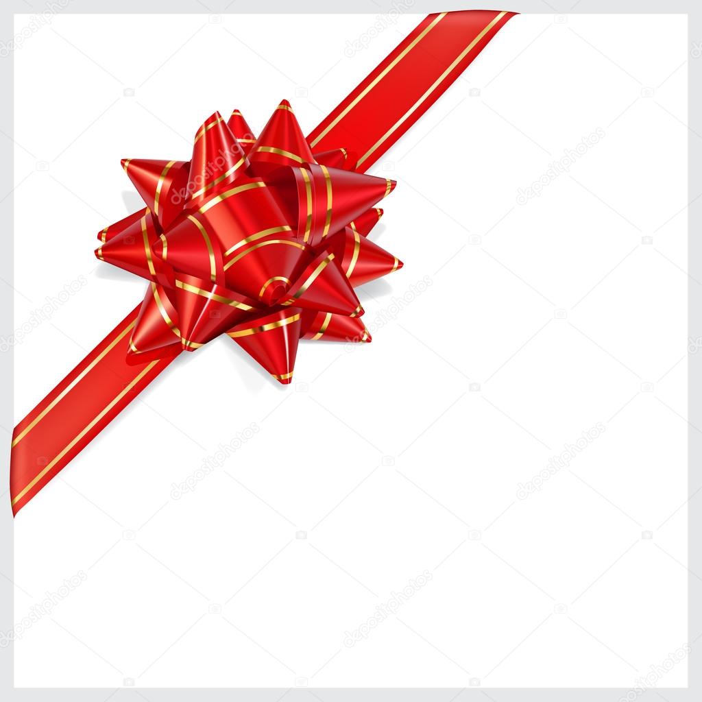 Bow of red ribbon with gold stripes. Located diagonally