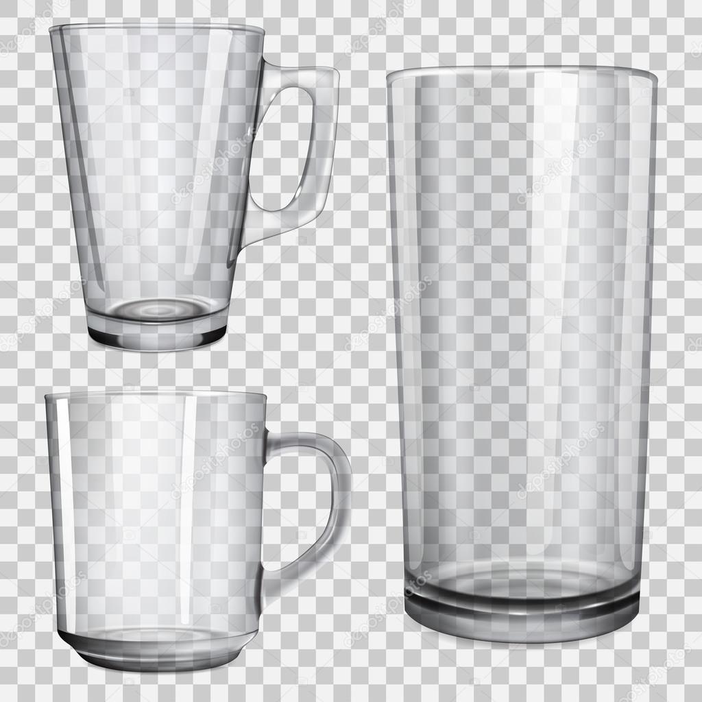 Two transparent glass cups and one glass for juice