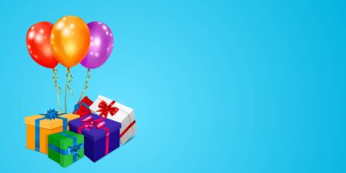 Renkli hediye kutularının olduğu vektör illüstrasyonu. Açık mavi arka planda kurdele, fiyonk ve çok renkli balonlar.