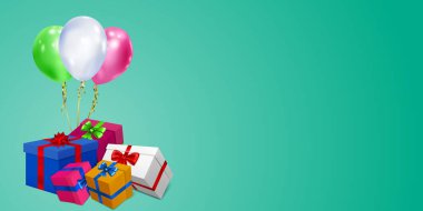 Renkli hediye kutuları, kurdeleler, fiyonklar ve turkuaz arka planda çok renkli balonlar olan vektör illüstrasyonu