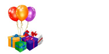 Beyaz zemin üzerinde kurdele, fiyonk ve çok renkli balonlar olan renkli hediye kutularıyla vektör illüstrasyonu