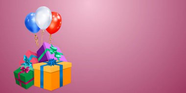 Renkli hediye kutuları, kurdeleler, fiyonklar ve pembe arka planda çok renkli balonlar olan vektör çizimi