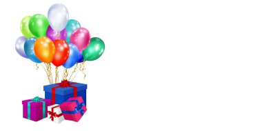 Beyaz zemin üzerinde kurdele, fiyonk ve çok renkli balonlar olan renkli hediye kutularıyla vektör illüstrasyonu